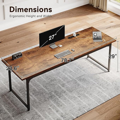 Coleshome 79 Inch Large Computer Desk with Power Outlet, Extra Long Desk for Home Office & Gaming, Spacious Writing Table for Study and Crafting, Rustic Brown