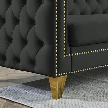 mikibama 2PC Velvet Sofa Couch Set for Living Room,Button Tufted 3 Seater Sofas Set of 2,Modern Upholstered 3-Seat Couches with Nailhead Trims,Golden Metal Legs for Bedroom
