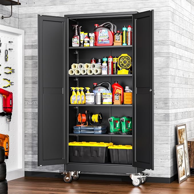 winiowa 71" Tall Metal Garage Storage Cabinet with Wheels, Steel Locking Rolling Tool Cabinet with 4 Adjustable Shelves for Garage,Home,Office (Black)