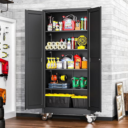 winiowa 71" Tall Metal Garage Storage Cabinet with Wheels, Steel Locking Rolling Tool Cabinet with 4 Adjustable Shelves for Garage,Home,Office (Black)