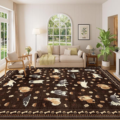 DUKINO 8x10 Area Rug, Non Slip Washable Animal Dog Rug for Living Room, Stain Resistant & Low Pile Indoor Floor Large Carpet for Bedroom, Farmhouse, Nursery, Dining Room, Kids Playroom, Brown