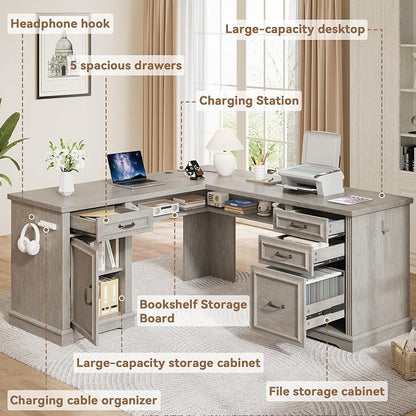 Jocoevol Farmhouse L Shaped Executive Desk with 4 Drawers and Charging Station, Wood Corner Home Office Computer Desk with File Cabinet Storage, Hidden Under Desk Storage Shelf, Headphone Hook - Grey