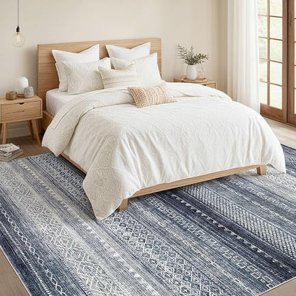 Nakagishi Area Rug Living Room Rugs: 7x10 Machine Washable Boho Large Neutral Farmhouse Stain Resistant Moroccan Indoor Floor Carpet for Bedroom Nursery Dorm Classroom Dining Room Home-Blue
