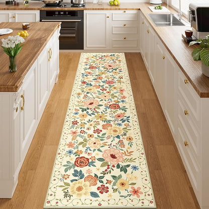 DUKINO 2x8 Runner Rug for Hallway, Washable Kitchen Runner Rug with Rubber Backing Non Slip, Low Pile Soft Boho Floral Thin Carpet for Entryway, Hallway, Bathroom, Laundry Room, Beige Yellow