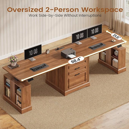 SEDETA Standing Two Person Desk, 98.4'' Farmhouse Long Computer Desk with 3 Drawers, Storage Cabinet, Electric Height Adjustable 2 Person Desk with Power Outlets for Home Office, Brown