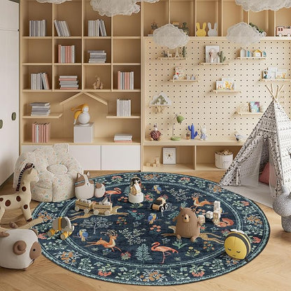 DUKINO 6ft Round Rug for Bedroom, Animal Print Washable Circle Rug with Low Pile Design, Soft Indoor Floor Non Slip Carpet for Entryway, Living Room, Office, Dining Room, Navy Blue