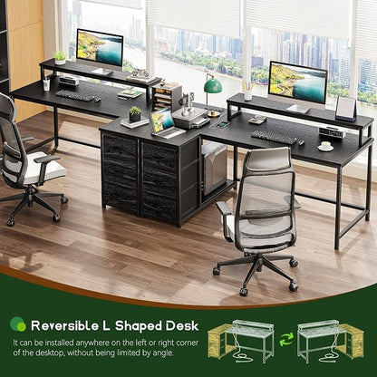 EnHomee 48Inch L Shaped Gaming Desk with 3 Drawers & Monitor Stand, Computer Desk with LED Lights & Power Outlet,Reversible Corner Desk for Gaming,Study Room,Home Office,Bedroom,Black