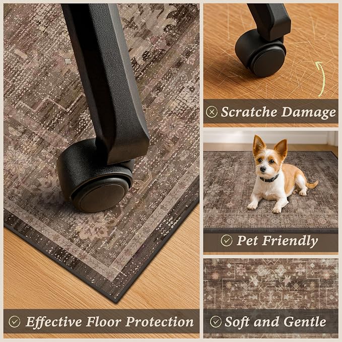 Brown Boho Office Chair Mat for Hard Wood Floors, Anti-Slip Floor Protector for Heavy Duty Computer Chair, 48"x60" Ultra Soft Low Pile Under Desk Rug, Easy to Clean, Taupe