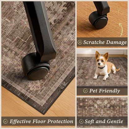 Brown Boho Office Chair Mat for Hard Wood Floors, Anti-Slip Floor Protector for Heavy Duty Computer Chair, 48"x60" Ultra Soft Low Pile Under Desk Rug, Easy to Clean, Taupe