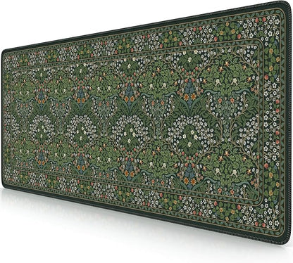 iCasso Aesthetic Floral Desk Mat, L Mouse Pads, Anti-Slip Mousepad with Stitched Edges, Waterproof Computer Pad 11.8"x31.5", Desk Accessories Office Decor for Women(Retro Green)
