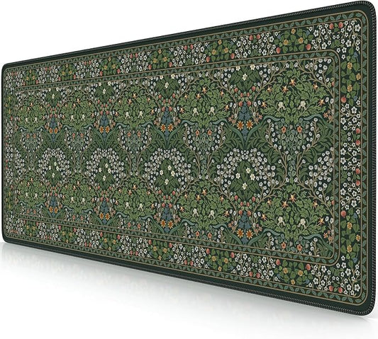 iCasso Aesthetic Floral Desk Mat, L Mouse Pads, Anti-Slip Mousepad with Stitched Edges, Waterproof Computer Pad 11.8"x31.5", Desk Accessories Office Decor for Women(Retro Green)