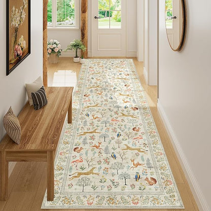 DUKINO 3x10 Washable Runner Rug for Hallway, Lightweight Long Kitchen Rug with Low Pile Design, Vintage Animal Non Shedding Thin Indoor Carpet for Entryway, Bathroom, Bedroom, Laundry Room, Beige