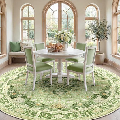 RELEANY Area Rugs Round 8ft Washable Non-Slip, Floral Vintage Distress Medallion Carpet for Living Room Bedroom Dining Room, Sage Green Yellow