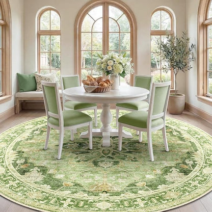 RELEANY Area Rugs Round 10ft Washable Non-Slip, Floral Vintage Distress Medallion Carpet for Living Room Bedroom Dining Room, Sage Green Yellow