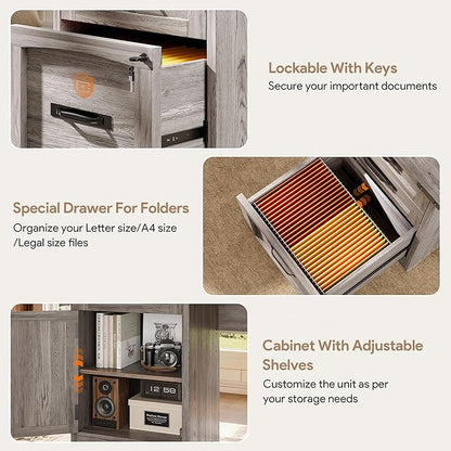 Decofy 67" Farmhouse L Shaped Standing Desk with Drawers Home Office Executive Desks with Fast Charging Station, Lockable File Cabinet, Wood Writing Computer Desk for Work, Study, Grey