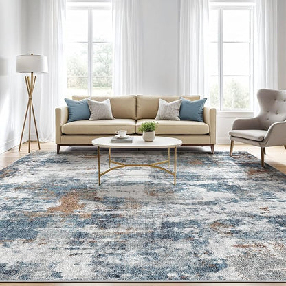 8x10 Area Rugs Living Room: Washable Large Abstract Neutral Modern Soft Rug Stain Resistant Indoor Floor Non-Slip Accent Carpet for Bedroom Nursery Playroom Dining Room Office Dorm Home- Rust Cyan