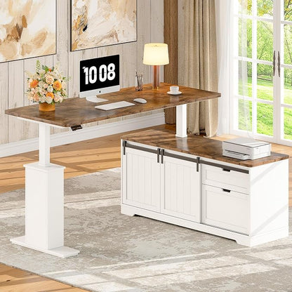 Whalefall 55" Farmhouse L Shaped Standing Desk with Storage Drawers, White | Home Office Electric Remote Work Desk with Cable Management and Deep Filing Cabinet Height Adjustable Corner Desk for Gaming
