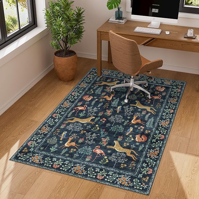 DUKINO 3x4 Washable Entryway Rug, Vintage Animal Ultra Soft Kitchen Area Rug with Non Slip Backing, Low Pile & Stain Resistant Indoor Door Mat for Bathroom, Bedroom, Laundry Room, Office, Navy Blue
