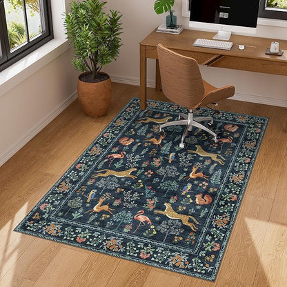 DUKINO 3x4 Washable Entryway Rug, Vintage Animal Ultra Soft Kitchen Area Rug with Non Slip Backing, Low Pile & Stain Resistant Indoor Door Mat for Bathroom, Bedroom, Laundry Room, Office, Navy Blue