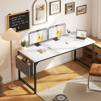 OLIXIS 63 Inch Computer Desk for Home Office, Writing Study Craft Gaming Table, Modern Computer Workstation with Storage Bag for Bedroom Small Spaces, White