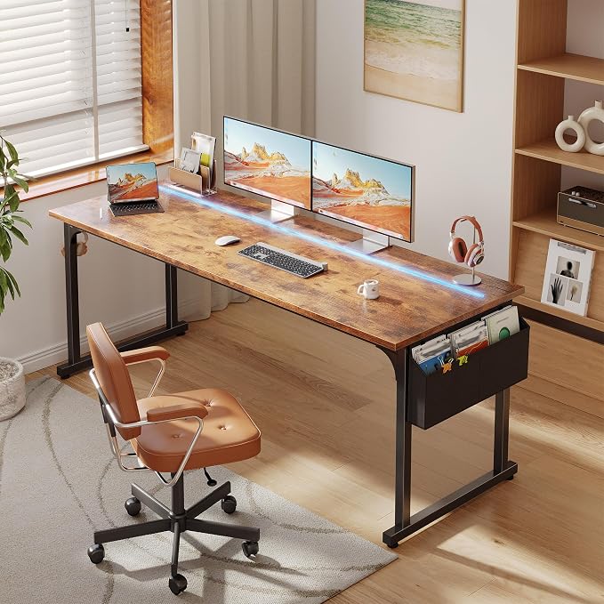 DurayLoly 63" Home Office Desk with LED Lights,Computer Desk for 2 Monitors or 2 laptops,Spacious Under-Desktop for Study Writing Work Gaming Desk,Sturdy Metal Frame,Bedroom,Rustic Brown