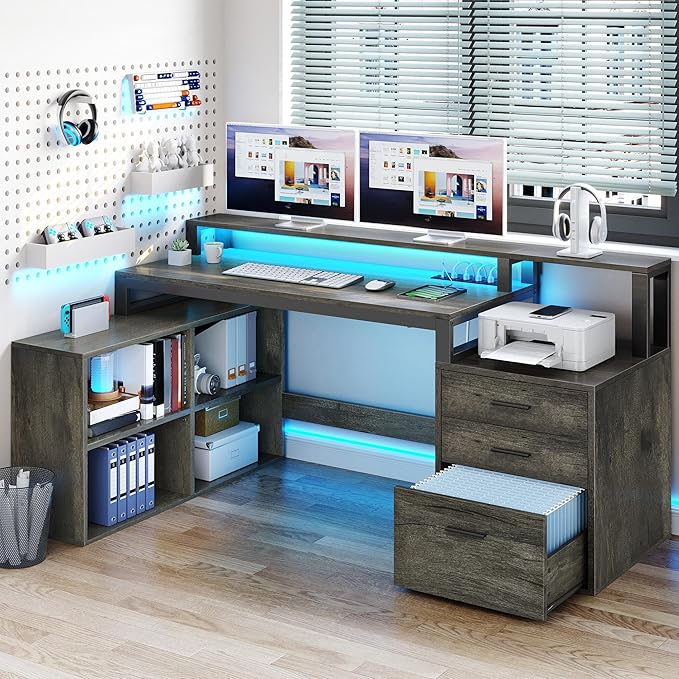 YITAHOME L Shaped Desk with 3 Drawers, 65" Corner Computer Desk with Power Outlets & LED Lights, L-Shaped Desk with File Cabinet & Printer Stand for Home Office, Grey