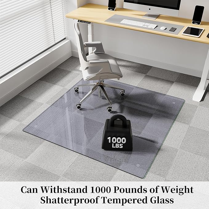Glass Chair Mat 48" x 48" Heavy Duty Tempered Glass Office Chair Mat, Glass Floor Mat with Round Corner and Polished Edge for Smooth Glide, Office Chair Mat for Carpet, Hardwood Floor, Grey