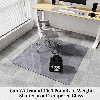 Glass Chair Mat 48" x 48" Heavy Duty Tempered Glass Office Chair Mat, Glass Floor Mat with Round Corner and Polished Edge for Smooth Glide, Office Chair Mat for Carpet, Hardwood Floor, Grey