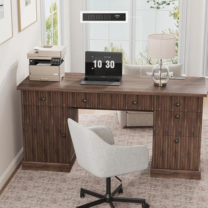 Garvee 60" Office Desk with Storage & Drawers, Fluted Wood Executive Desk with File Drawer & Charging Station, Modern Computer Desk with Adjustable Shelves for Home Office, Brown