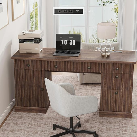 Garvee 60" Office Desk with Storage & Drawers, Fluted Wood Executive Desk with File Drawer & Charging Station, Modern Computer Desk with Adjustable Shelves for Home Office, Brown
