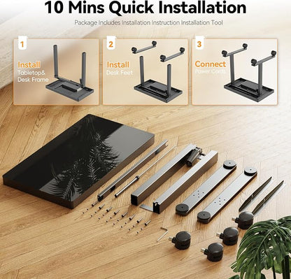 Monomi 35" Glass Standing Desk with Drawer and USB Ports, Electric Height Adjustable Desk for Home Office, Black Sit Stand Table with Storage, Easy Assembly Computer Desk for Small Spaces