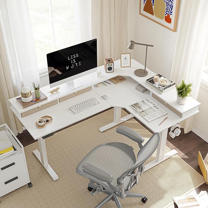 FEZIBO 63" Triple Motor L Shaped Standing Desk with 3 Drawers, 330LBS Electric Standing Gaming Office Desk L Shape, Pure White