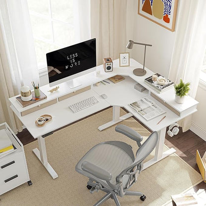FEZIBO 63" Triple Motor L Shaped Standing Desk with 3 Drawers, 330LBS Electric Standing Gaming Office Desk L Shape, Pure White