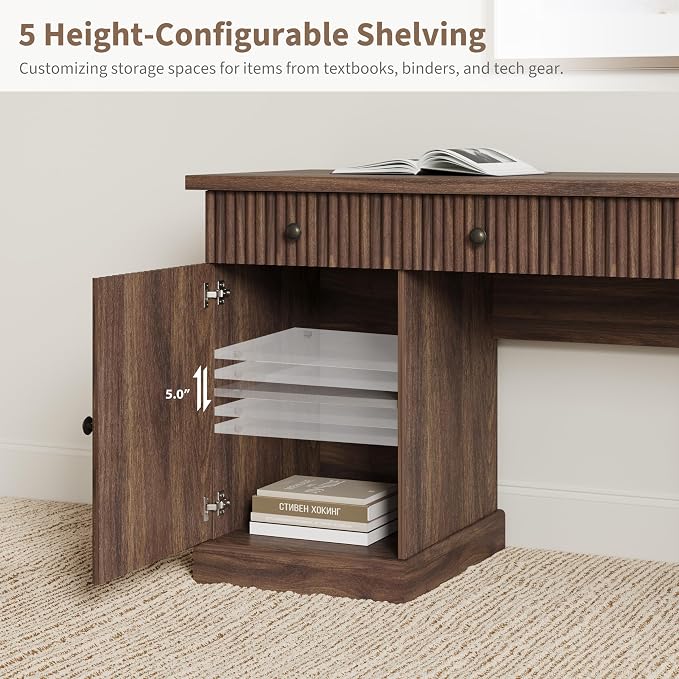Garvee 60" Office Desk with Storage & Drawers, Fluted Wood Executive Desk with File Drawer & Charging Station, Modern Computer Desk with Adjustable Shelves for Home Office, Brown