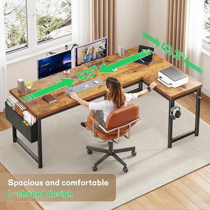 DurayLoly 63" L Shaped Desk with Power Outlets and LED Lights, Reversible Corner Home Office Desk, 0.95" Thick Desktop 220 lbs Capacity, Computer Gaming Desk for Bedroom Study, Brown