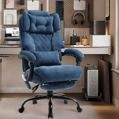 Massage Office Chair with Foot Rest,6 Points Vibration&Heat Executive Office Chairs,Big and Tall Fabric Office Chair 500LBS,Ergonomic Desk Chair for Heavy People,Home and Office Computer Chair,Blue