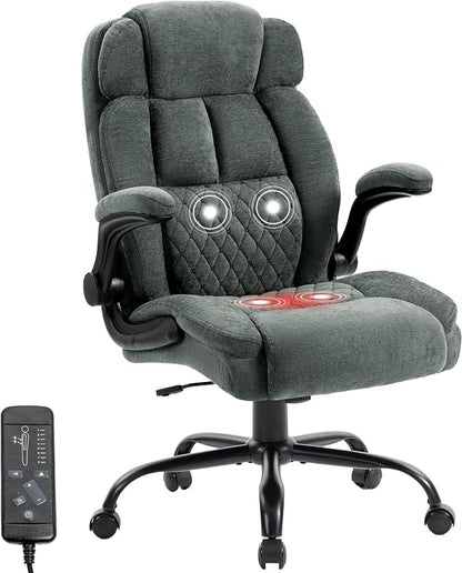 Massage Office Chair,500LBS Ergonomic Rocking Executive Desk Chairs with 4 Points Vibration&Heat,Padded Flipup Armrests for Big and Tall Office Chair,Swivel Computer Chair Fabric DarkGreen