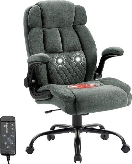 Massage Office Chair,500LBS Ergonomic Rocking Executive Desk Chairs with 4 Points Vibration&Heat,Padded Flipup Armrests for Big and Tall Office Chair,Swivel Computer Chair Fabric DarkGreen
