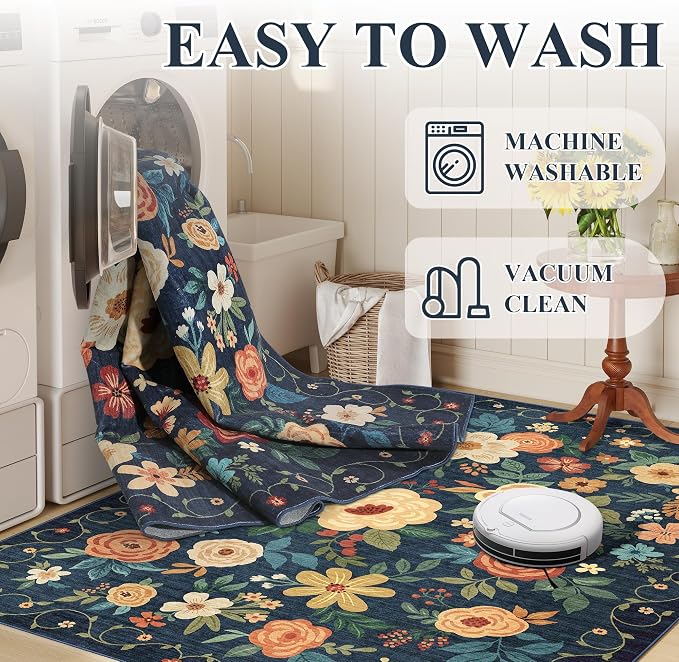 DUKINO 3x8 Runner Rug, Washable Rug for Kitchen with Non Slip Backing, Soft Non Shedding & Low Pile Design Long Floor Carpet Runner for Hallway, Bathroom, Entryway, Laundry, Navy Blue