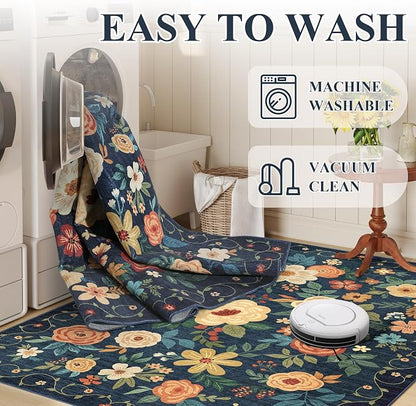 DUKINO Floral Round Rug, 4ft Washable Circle Rug, Non Slip Indoor Low Pile Circle Rug, Soft Small Boho Design Carpet for Bedroom, Entryway, Living Room, Dining Room, Dark Blue