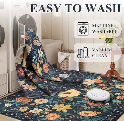 DUKINO Runner Rug for Hallway, 2.6x10 Washable Floral Long Kitchen Rug with Non Slip Backing, Lightweight & Stain Resistant Runners for Indoor Entrance, Laundry, Living Room, Bedroom, Navy Blue