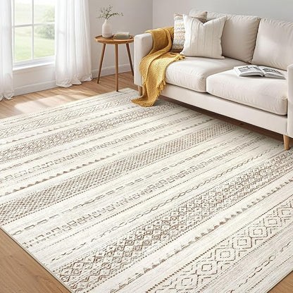 Nakagishi Area Rug Living Room Rugs: 5x7 Machine Washable Boho Large Neutral Farmhouse Stain Resistant Moroccan Indoor Floor Carpet for Bedroom Nursery Dorm Classroom Playroom Dining Room Home- Brown