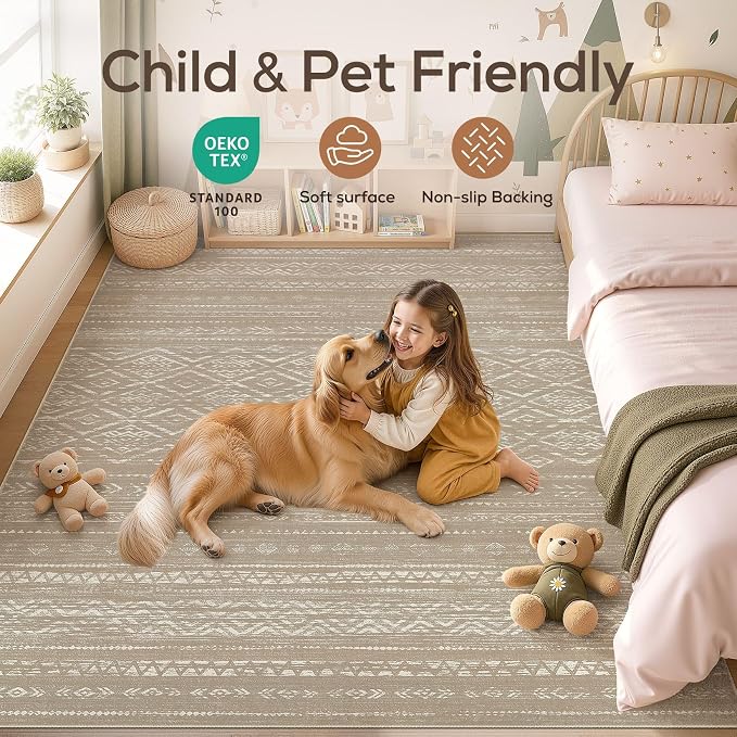 Nakagishi Area Rug Living Room Rugs: 5x7 Large Soft Machine Washable Boho Moroccan FarmNeutral Stain Resistant Indoor Floor Carpet for Bedroom Under Dining Table Home Office Decor-Dark Brown