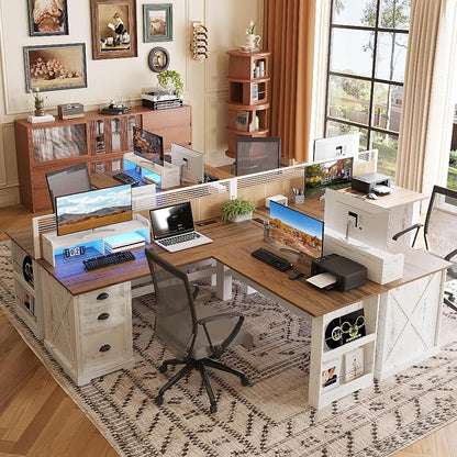 Lareth L Shaped Desk with Monitor Stand Farmhouse Computer Desk with Led Light and Power Outlet, Executive Desk for Home Office Room Workstation with File Cabinet for Working Gaming, Antique White