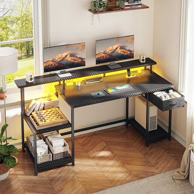 Black Gaming Desk With RGB Lights and 3 AC Power Outlets,Office Computer Desk with 55" Long Monitor Stand,18"Ample Printer Space,Storage Drawer and File Shelves,Study Desk,Bedroom Writing Desk