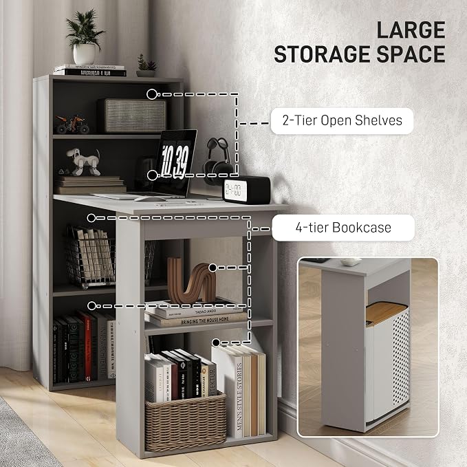 HOMCOM Modern Home Office Desk with 6-Tier Storage Shelves, 47" Writing Desk with Bookshelf, Gray