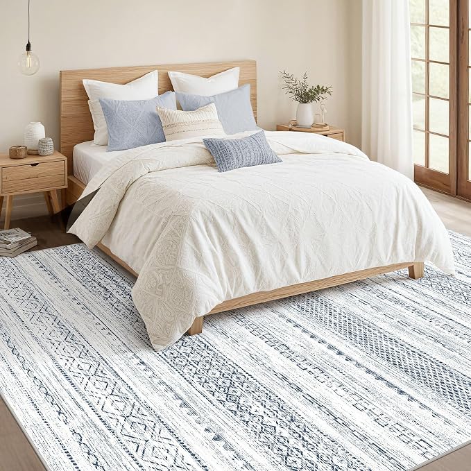 Nakagishi 6x9 Area Rugs Living Room: Washable Boho Large Neutral Soft Farmhouse Rug Stain Resistant Modern Indoor Floor Non-Slip Carpet for Bedroom Nursery Playroom Office Dining Room Dorm-White Blue