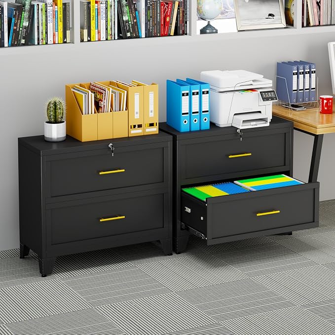 Metal Lateral File Cabinet with Lock,2 Drawer Steel Wide Filing Organization Storage Cabinets for Legal/Letter/A4/F4 Size with Hanging Files&Key,Lockable Printer Stand for Home Office, Black
