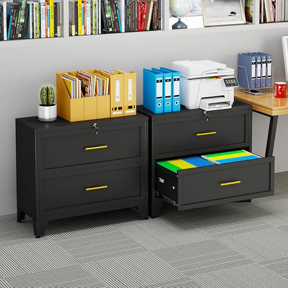Metal Lateral File Cabinet with Lock,2 Drawer Steel Wide Filing Organization Storage Cabinets for Legal/Letter/A4/F4 Size with Hanging Files&Key,Lockable Printer Stand for Home Office, Black