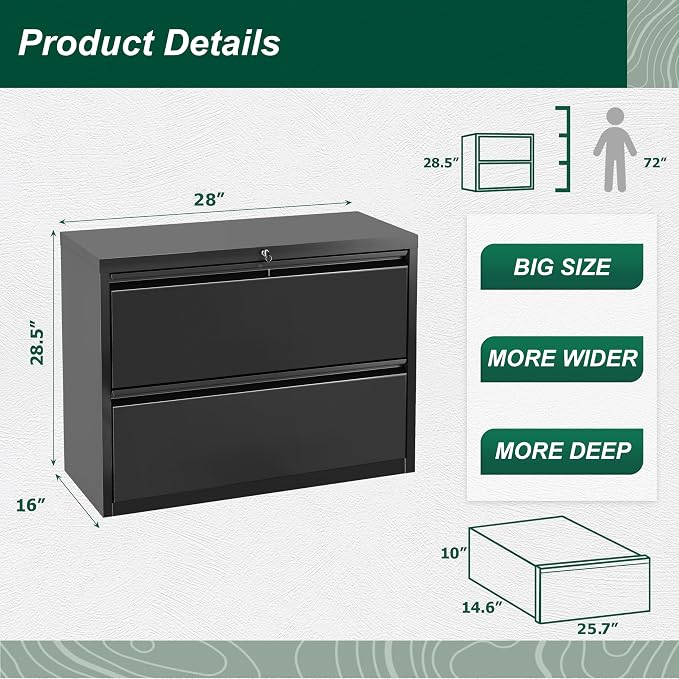 Superday Lateral File Cabinet, 2 Drawer File Cabinet with Lock, Black Filing Cabinets with Lock, Metal Filing Cabinets for Home Office/Legal/Letter/A4, Home Office Furniture for Hanging File